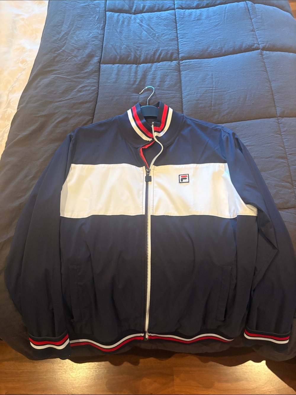 Fila Navy and White Retro Zip-Up Track Jacket with Red Trim